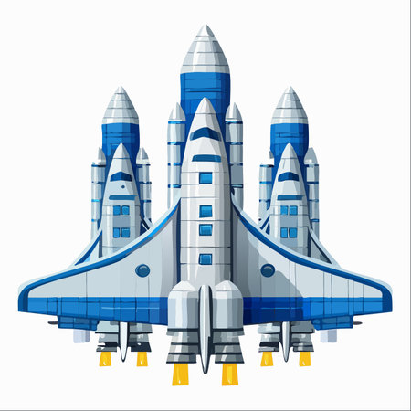 A powerful, futuristic spacecraft ignites its engines, beginning its epic journey into the vastness of space.のイラスト素材