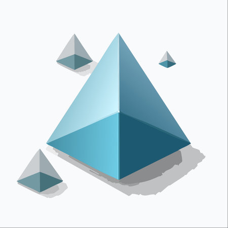 A collection of sleek, blue 3D pyramids stands on a clean white surface, casting soft shadows.のイラスト素材
