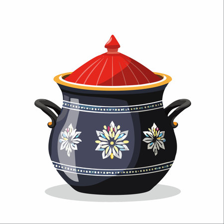 An elegant illustration of a traditional cooking pot, adorned with intricate folk art floral patterns.のイラスト素材