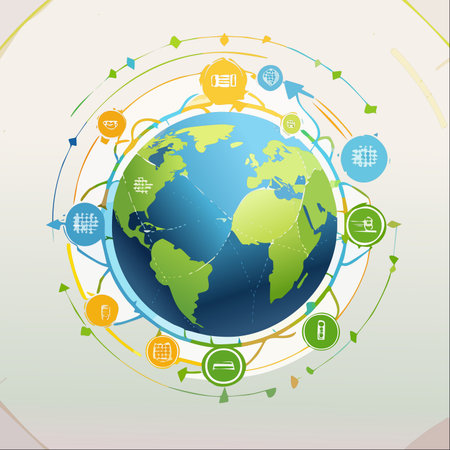A dynamic illustration of our interconnected world, where lines of commerce and data flow seamlessly around the globe.のイラスト素材