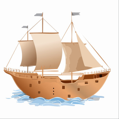 An illustration of a majestic, historic wooden galleon navigating the open sea.のイラスト素材