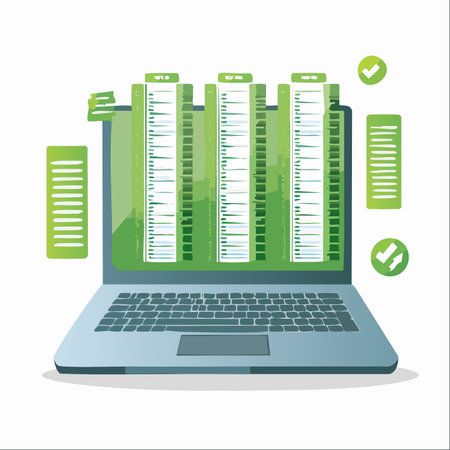 An illustration of a laptop displaying stylized server racks, symbolizing a powerful data center.のイラスト素材