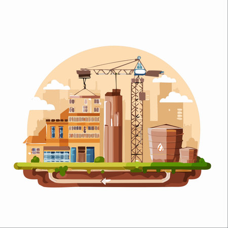 An illustration of a modern city under construction, emphasizing sustainable practices.のイラスト素材