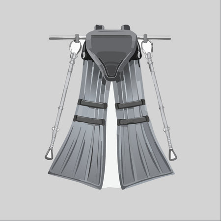 A vector illustration of advanced bionic exoskeleton legs hanging ready for deployment.のイラスト素材
