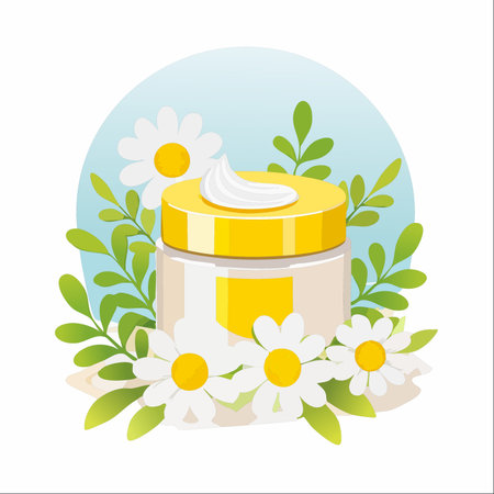 A jar of soothing cosmetic cream, infused with the gentle essence of chamomile.のイラスト素材