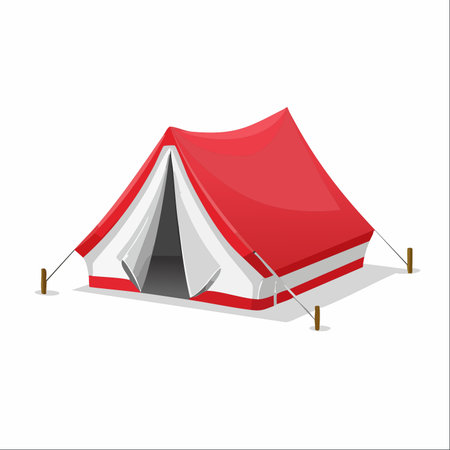 A classic red and white tent stands ready for an outdoor adventure. Pitched securely and isolated on a clean white background, this shelter symbolizes the joy of camping, hiking, and exploring nature.のイラスト素材