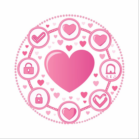 A conceptual illustration representing the multifaceted nature of love. A central heart is surrounded by icons symbolizing trust, security, commitment, and affection, arranged in a connected circle.のイラスト素材