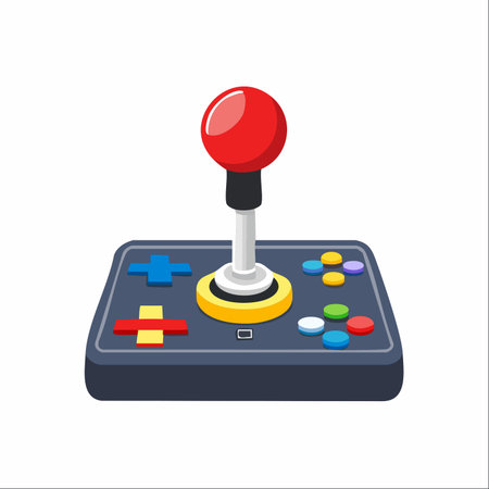 A vibrant, classic arcade joystick stands ready for action, evoking memories of 8-bit adventures and competitive button-mashing.のイラスト素材