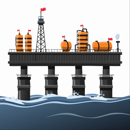 An isolated vector illustration depicts a massive offshore oil drilling platform standing firm against the ocean waves.のイラスト素材