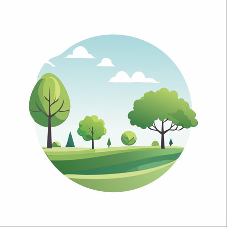 A serene and picturesque view of a summer park, captured in a modern, minimalist style.のイラスト素材