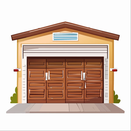 A clean vector illustration of a classic two-car suburban garage with brown wooden doors.のイラスト素材