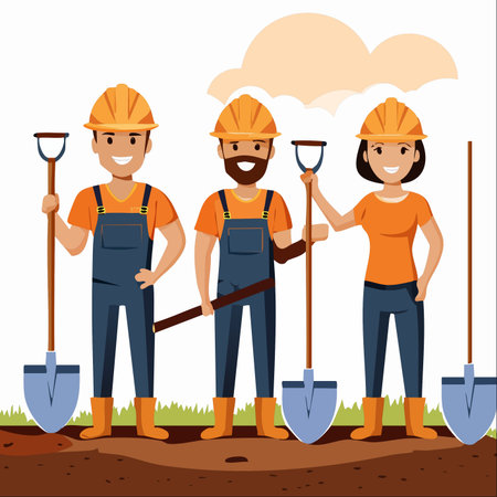 A diverse and cheerful team of construction workers, two men and a woman, stand together with their shovels, ready to begin a new project.のイラスト素材