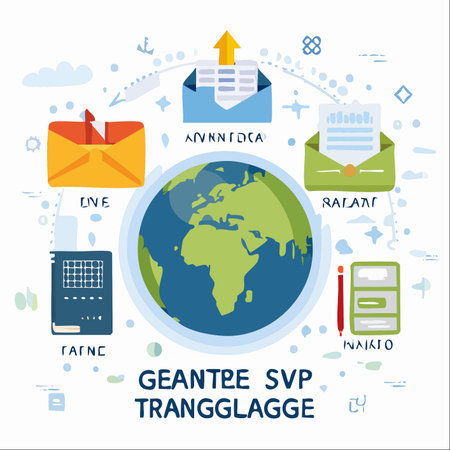 An illustrative concept of our interconnected world, where emails, data, and business correspondence flow seamlessly across the globe.のイラスト素材