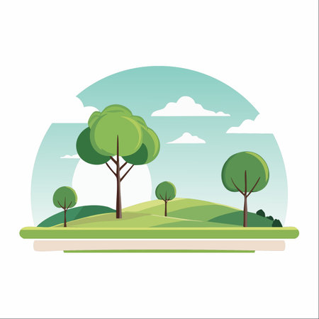A serene and minimalist landscape unfolds with gentle rolling green hills under a calm blue sky. Stylized trees dot the scenery, creating a peaceful and idyllic park scene.のイラスト素材