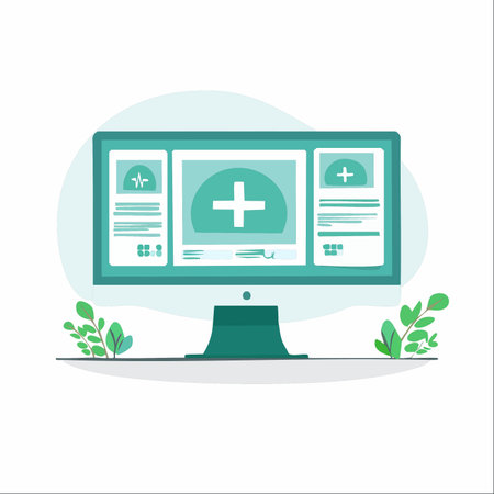 A modern computer screen displays a digital healthcare interface, representing concepts like telehealth, electronic health records, and online medical consultations.のイラスト素材