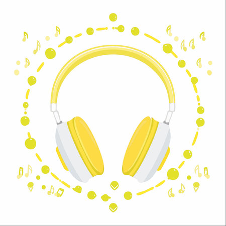 A vibrant illustration of yellow and white headphones surrounded by floating musical notes and abstract sound waves.のイラスト素材