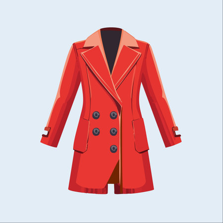 A classic red double-breasted trench coat, illustrated in a clean, modern vector style.のイラスト素材