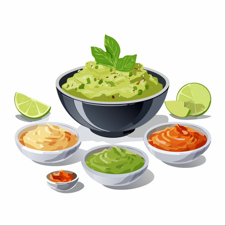 A delicious spread of freshly made Mexican appetizers, perfect for a party or gathering.のイラスト素材