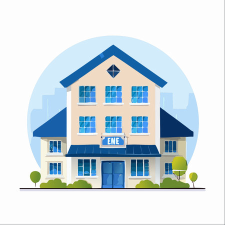 A clean and modern vector illustration of an institutional building, possibly a school or a corporate office.のイラスト素材