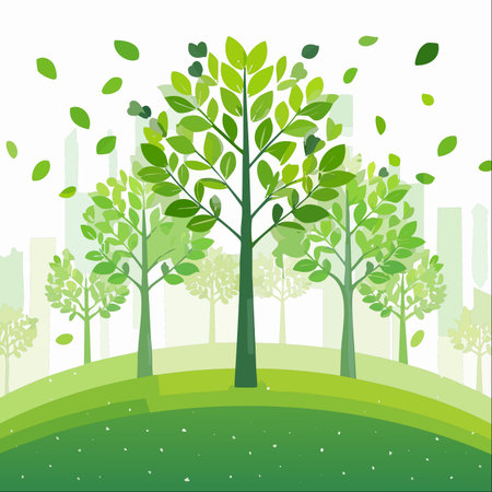 A vibrant illustration of a green city park with lush trees on rolling hills.のイラスト素材