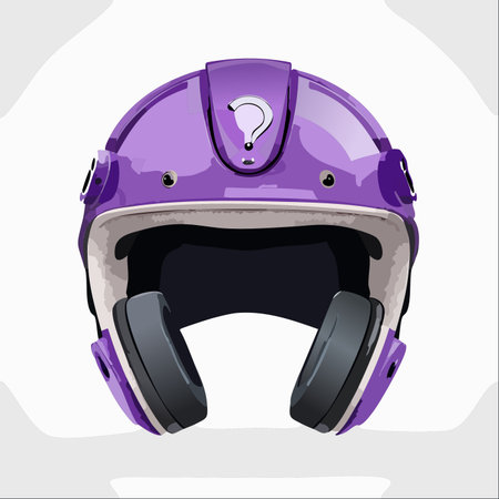 A vibrant purple helmet stands ready for action, marked with a bold question mark. It symbolizes an unknown challenger, a secret identity, or the next big question in a game or competition.のイラスト素材
