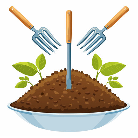 A conceptual illustration of organic gardening, featuring a bowl of fertile soil with fresh green seedlings.のイラスト素材