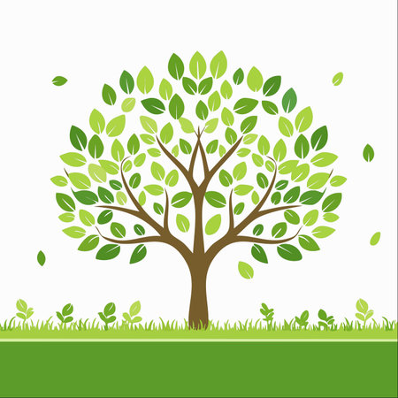 A vibrant, stylized tree stands tall, its lush green leaves symbolizing growth, life, and vitality. Some leaves gently fall, representing the natural cycle of renewal and change.のイラスト素材