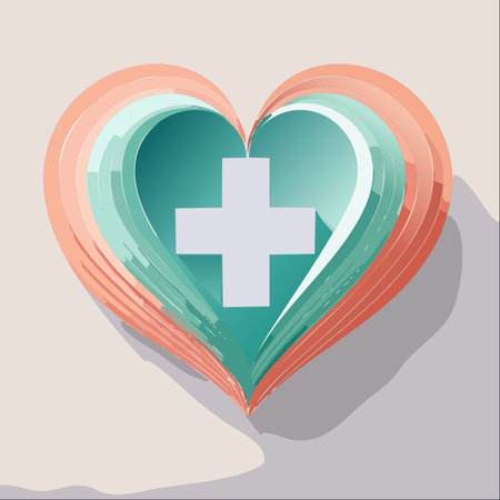 A multi-layered heart in soft pastel colors cradles a medical cross, symbolizing the deep compassion and dedication at the core of healthcare.のイラスト素材