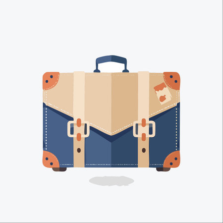 A classic blue and beige suitcase, adorned with a travel sticker and secured with straps, sits ready for a new adventure.のイラスト素材