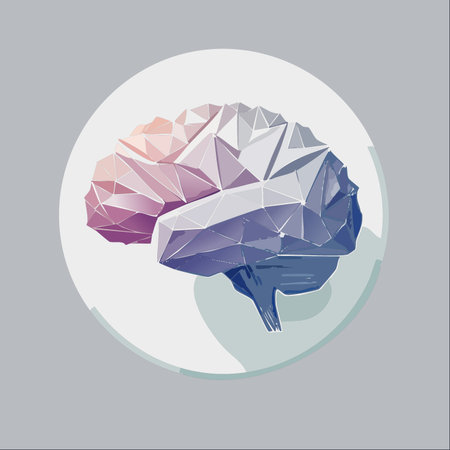 A stylized human brain rendered in a low-poly, geometric style. The cool-to-warm color gradient suggests a flow of ideas and complex thought processes.のイラスト素材