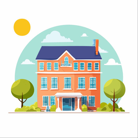 A beautiful orange apartment building stands tall under a clear, sunny sky. Surrounded by lush green trees and bushes, this charming residence offers a peaceful and welcoming urban living experience.のイラスト素材