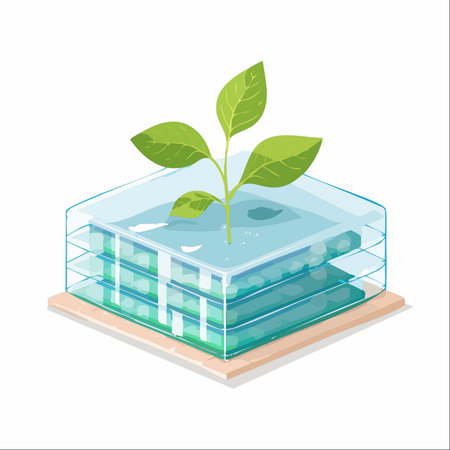 A single green seedling thrives in a futuristic hydroponic system, symbolizing the intersection of biotechnology and sustainable agriculture.のイラスト素材
