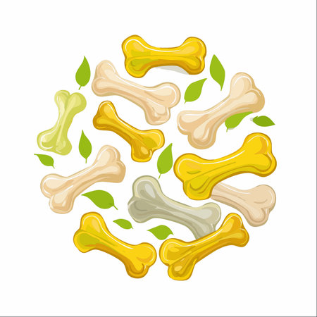 A vibrant, circular arrangement of colorful dog bone treats, interspersed with fresh green leaves.のイラスト素材