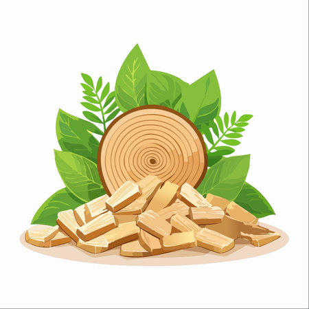 A vibrant illustration showcasing the beauty of natural resources. A detailed wood slice with growth rings stands behind a pile of freshly cut wood chips, all framed by lush green leaves.のイラスト素材