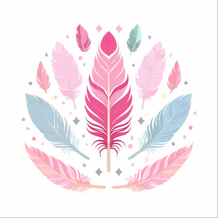 A delicate collection of whimsical feathers in soft pastel pinks and blues floats gently, surrounded by magical sparkles.のイラスト素材