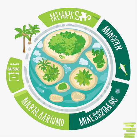 A vibrant vector illustration depicting a serene tropical archipelago, viewed from above.のイラスト素材