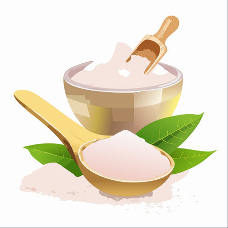 A serene composition featuring pure pink Himalayan salt, presented in a rustic wooden bowl and spoon.のイラスト素材