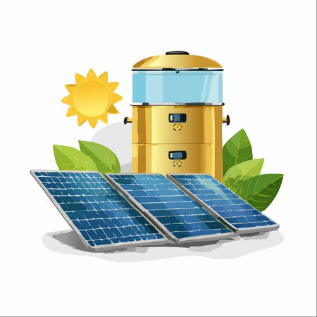 An illustration showcasing a modern, eco-friendly lifestyle where solar panels harness the sun's energy to power a household appliance.のイラスト素材