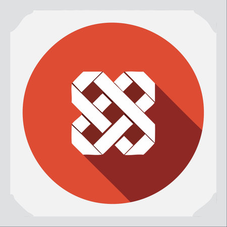 A clean and modern icon featuring a white, intricately woven geometric symbol set against a bold red circular background.のイラスト素材