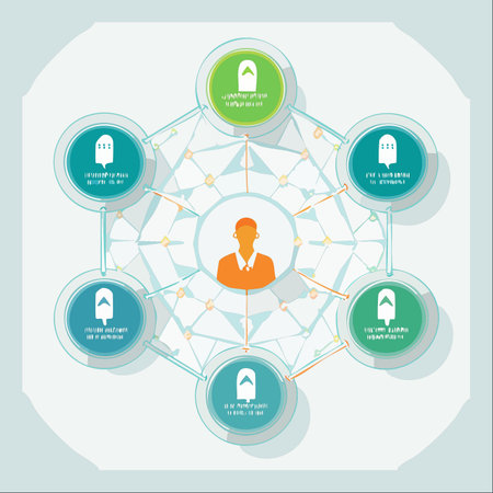 A visual representation of a modern organizational structure, with a central manager or user connected to various departments or team members.のイラスト素材