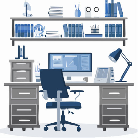 A well-organized and modern office space, rendered in a cool palette of blues and greys.のイラスト素材