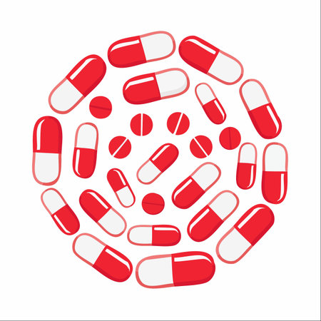 A circular arrangement of various red and white pills and capsules, representing the cycle of treatment and recovery.のイラスト素材