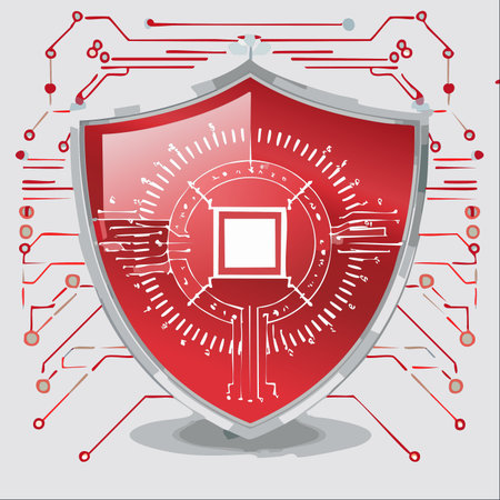 A robust red shield, a symbol of impenetrable defense, is integrated with a complex digital circuit.のイラスト素材