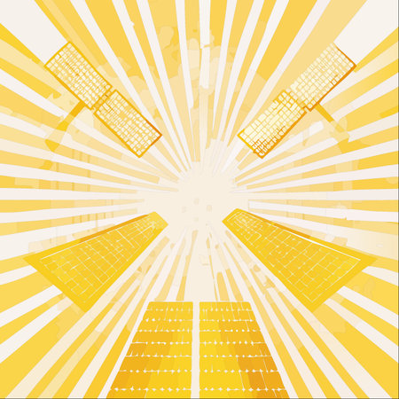 From a low-angle perspective, an array of solar panels reaches towards a brilliant, stylized...