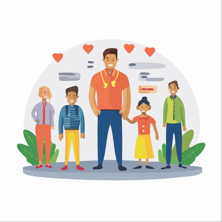 A heartwarming illustration of a dedicated teacher or coach surrounded by his adoring students.のイラスト素材