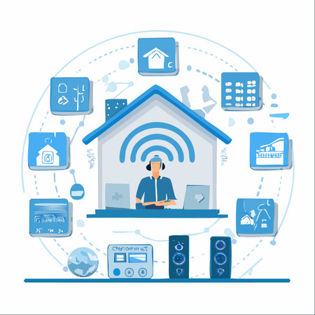 A conceptual illustration of a person working remotely from a smart home, which acts as a central hub in a network.のイラスト素材