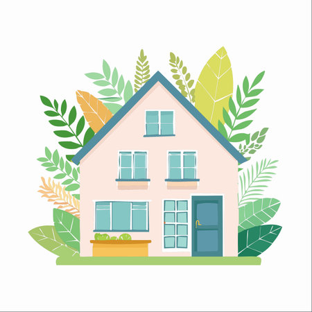 A charming family home is depicted, nestled peacefully amidst a vibrant backdrop of lush, oversized botanical leaves.のイラスト素材