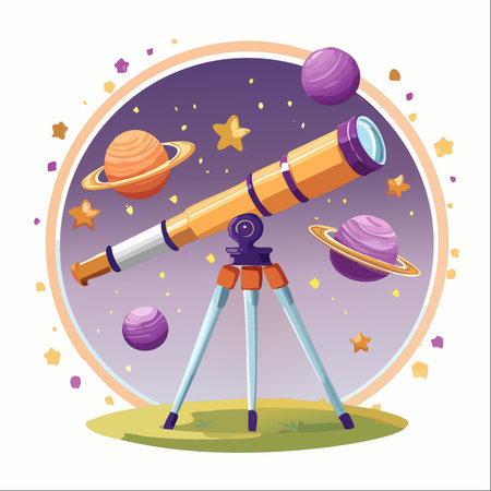 A vibrant cartoon telescope stands ready on a grassy hill, aimed at a magical night sky.のイラスト素材