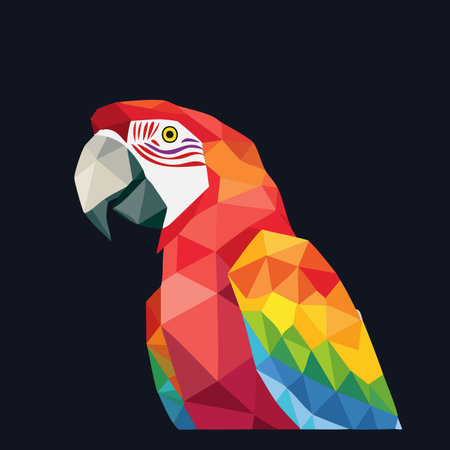 A vibrant parrot is reimagined through a modern artistic lens, its brilliant plumage fractured into a stunning mosaic of geometric shapes.のイラスト素材