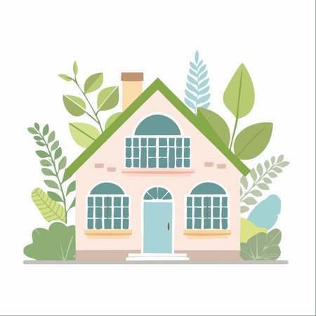 A charming pastel-colored house nestles amongst vibrant, lush greenery. This cozy home represents a peaceful and sustainable lifestyle, a dream property in harmony with nature.のイラスト素材